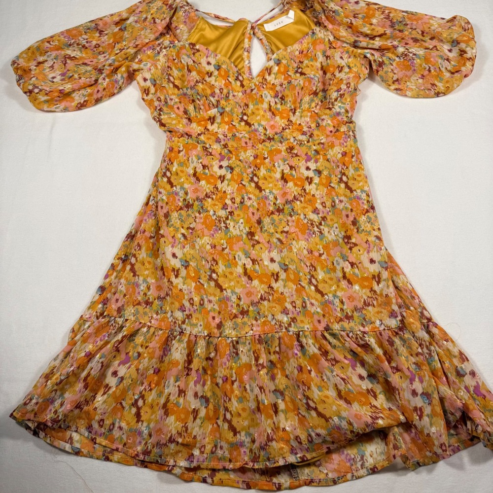 Lush Floral Mini Dress M Orange Peach Metallic Balloon Sleeve Cottage Coquettte